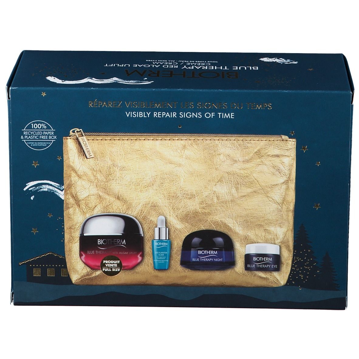 Geschenkbox mit Kosmetiktasche und BIOTHERM-Produkten. Enthält Creme, Serum und Augencreme. Text: VISIBLY REPAIR SIGNS OF TIME.