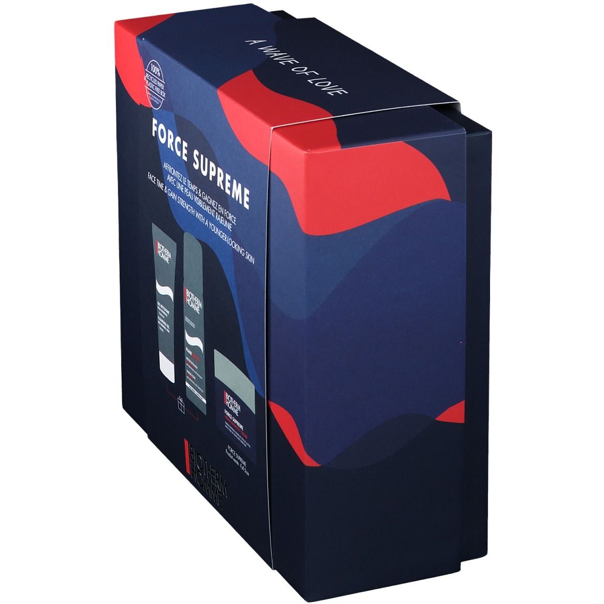 Boîte cadeau bleu foncé, vue en biais. Éléments de design rouges et blancs. Texte: FORCE SUPREME, BIOTHERM HOMME.