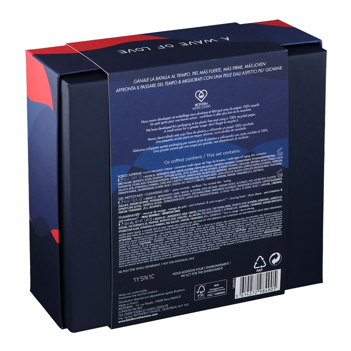 Dos du coffret cadeau. Bleu foncé avec texte et informations sur le produit. Texte: BIOTHERM HOMME, FORCE SUPREME, ingrédients.