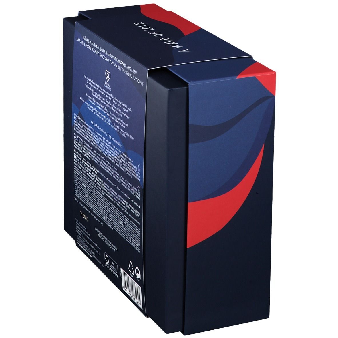 Coffret cadeau, vue en biais. Bleu foncé avec design rouge et blanc. Texte: BIOTHERM HOMME, FORCE SUPREME.