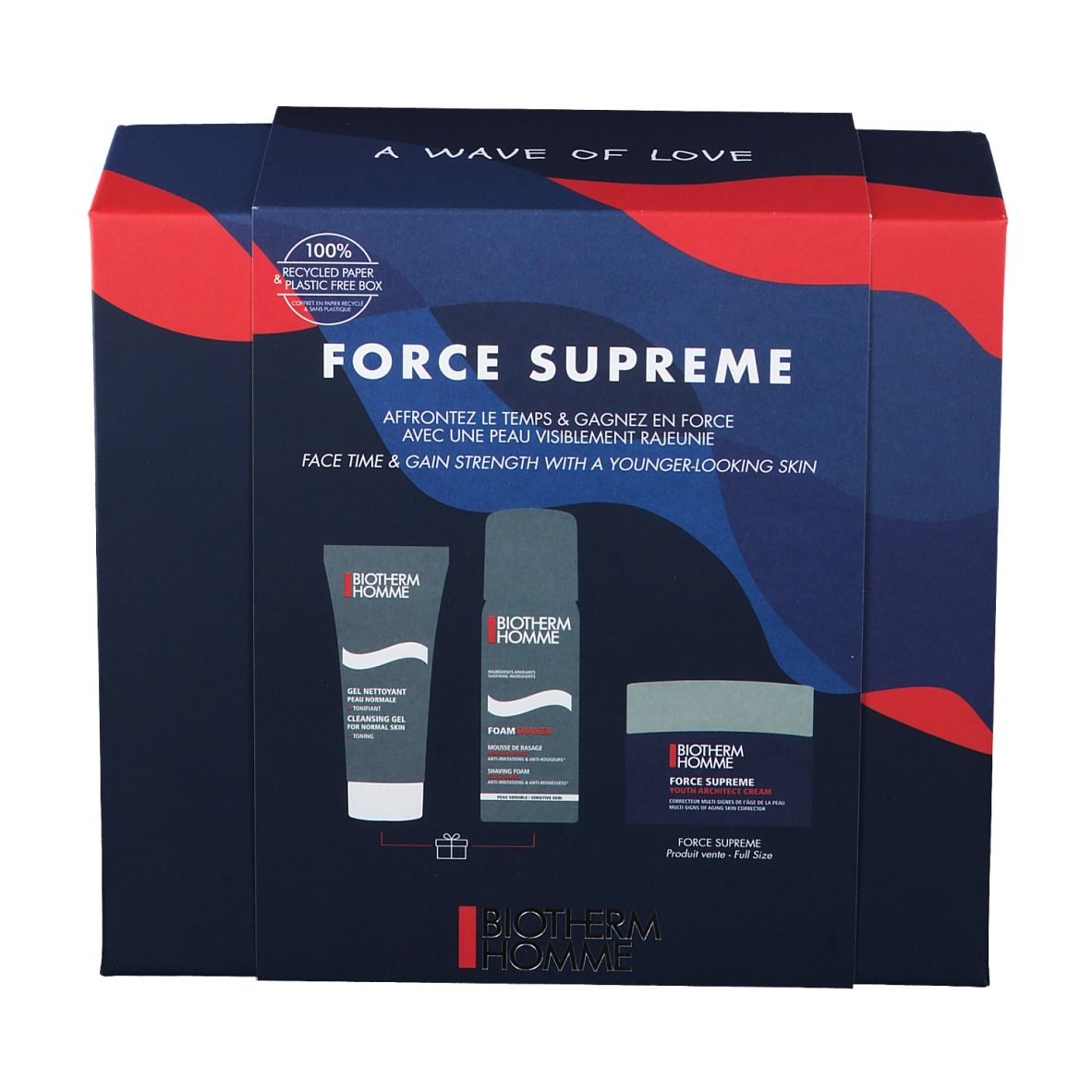 Coffret cadeau avec trois produits. Emballage bleu foncé avec design rouge et blanc. Texte: FORCE SUPREME, BIOTHERM HOMME.