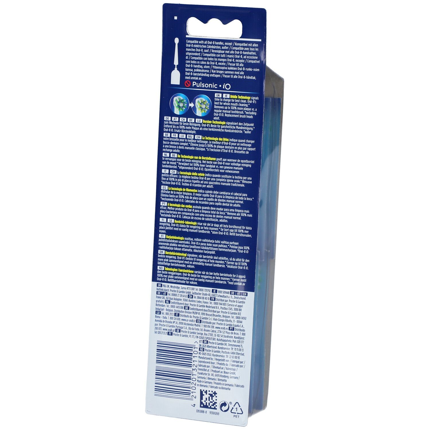 Dos de l'emballage des têtes de brosse à dents. Informations sur la technologie PulsSonic IO et instructions.