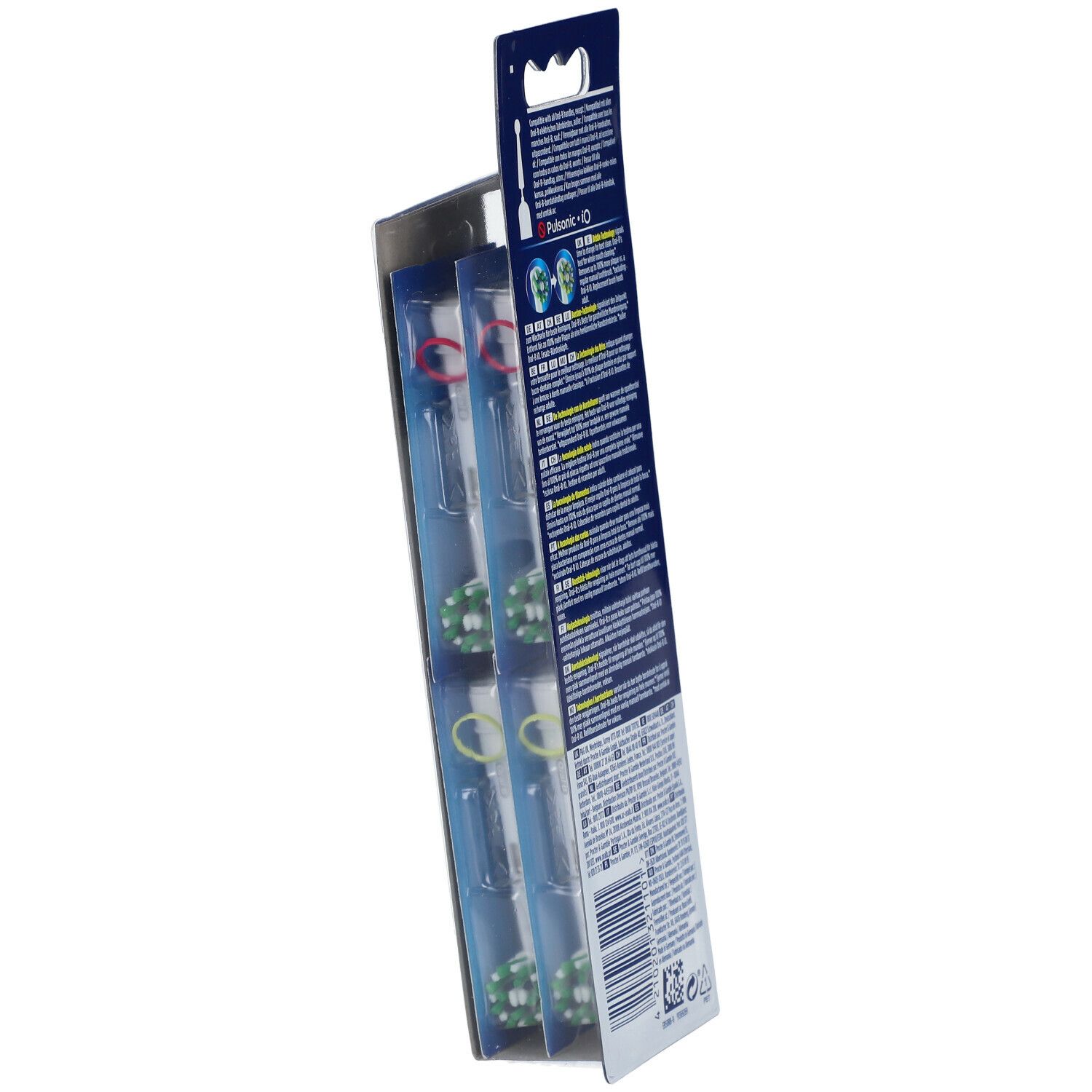Têtes de brosse à dents en emballage, vue latérale. Plusieurs têtes visibles, avec anneaux colorés.