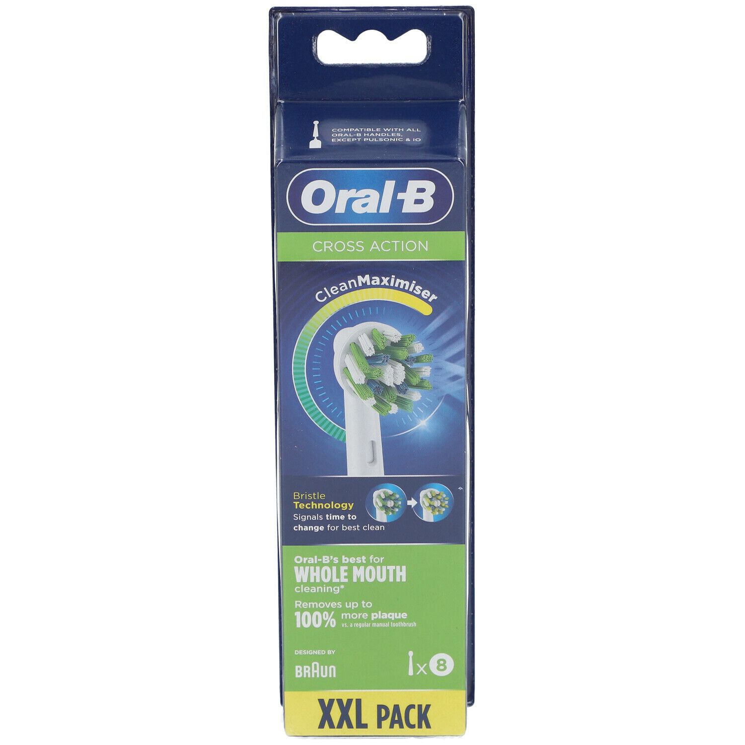 Têtes de brosse à dents en emballage. Marque Oral-B, modèle Cross Action CleanMaximiser. Paquet XXL de 8 pièces.