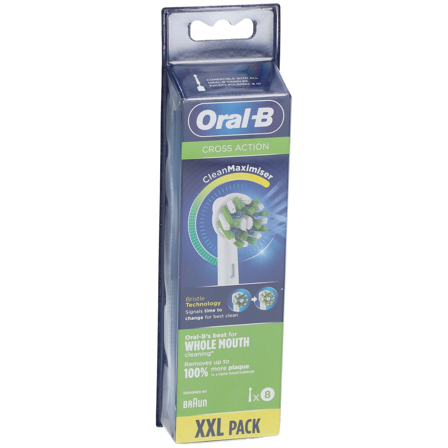 Têtes de brosse à dents en emballage. Marque Oral-B, modèle Cross Action CleanMaximiser. Paquet XXL de 8 pièces.