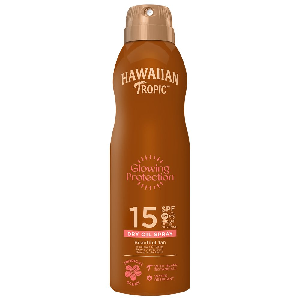 HAWAIIAN Tropic Dry Oil Spray SPF15. Bouteille marron avec vaporisateur. Texte: Glowing Protection, 15 SPF, Beautiful Tan.