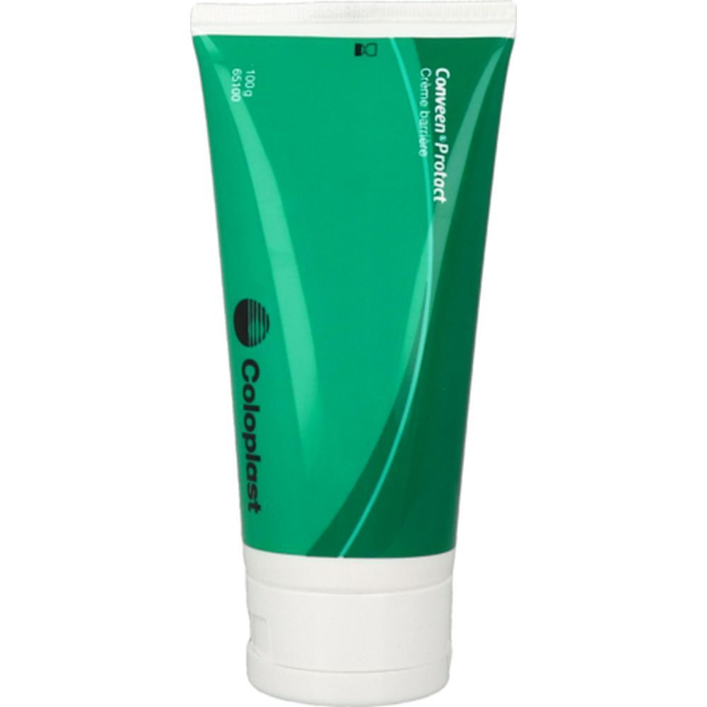 Tube vert avec bouchon blanc. Inscription : Conveen Protact Crème barrière, Coloplast.