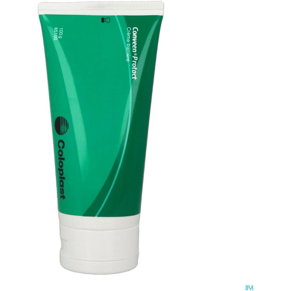 Tube vert avec bouchon blanc. Inscription : Conveen Protact Crème barrière, Coloplast.