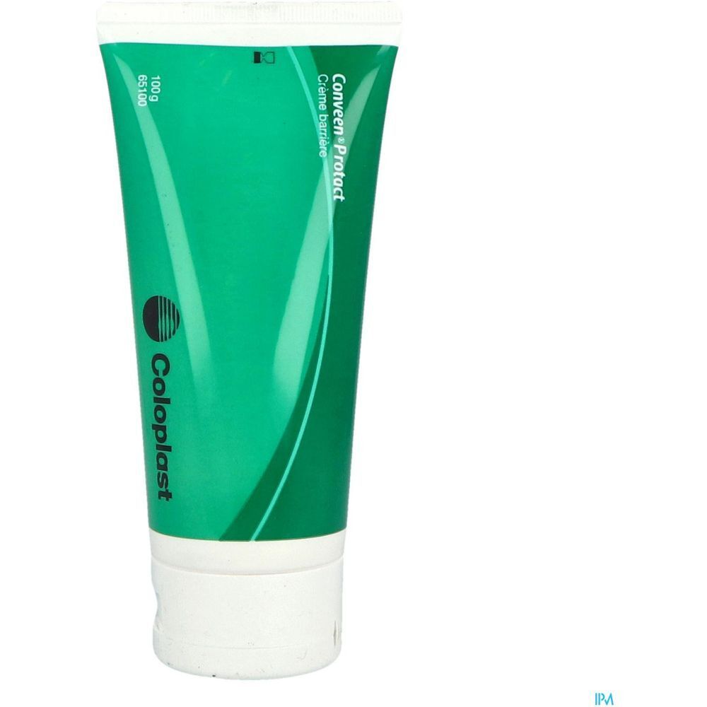 Tube vert avec bouchon blanc. Inscription : Conveen Protact Crème barrière, Coloplast.