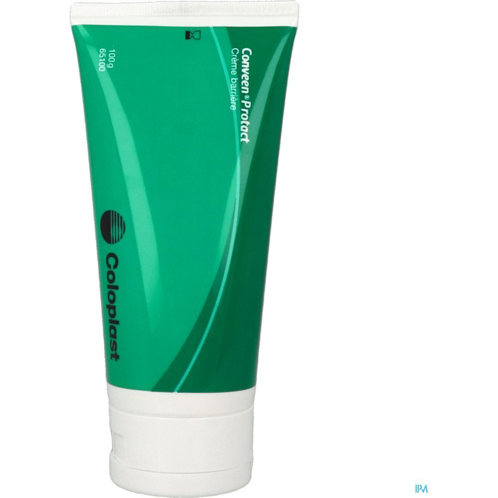 Tube vert avec bouchon blanc. Inscription : Conveen Protact Crème barrière, Coloplast.