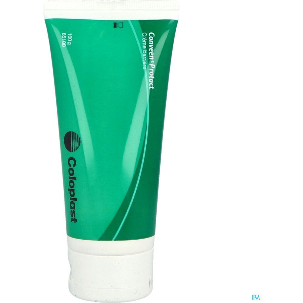 Tube vert avec bouchon blanc. Inscription : Conveen Protact Crème barrière, Coloplast.