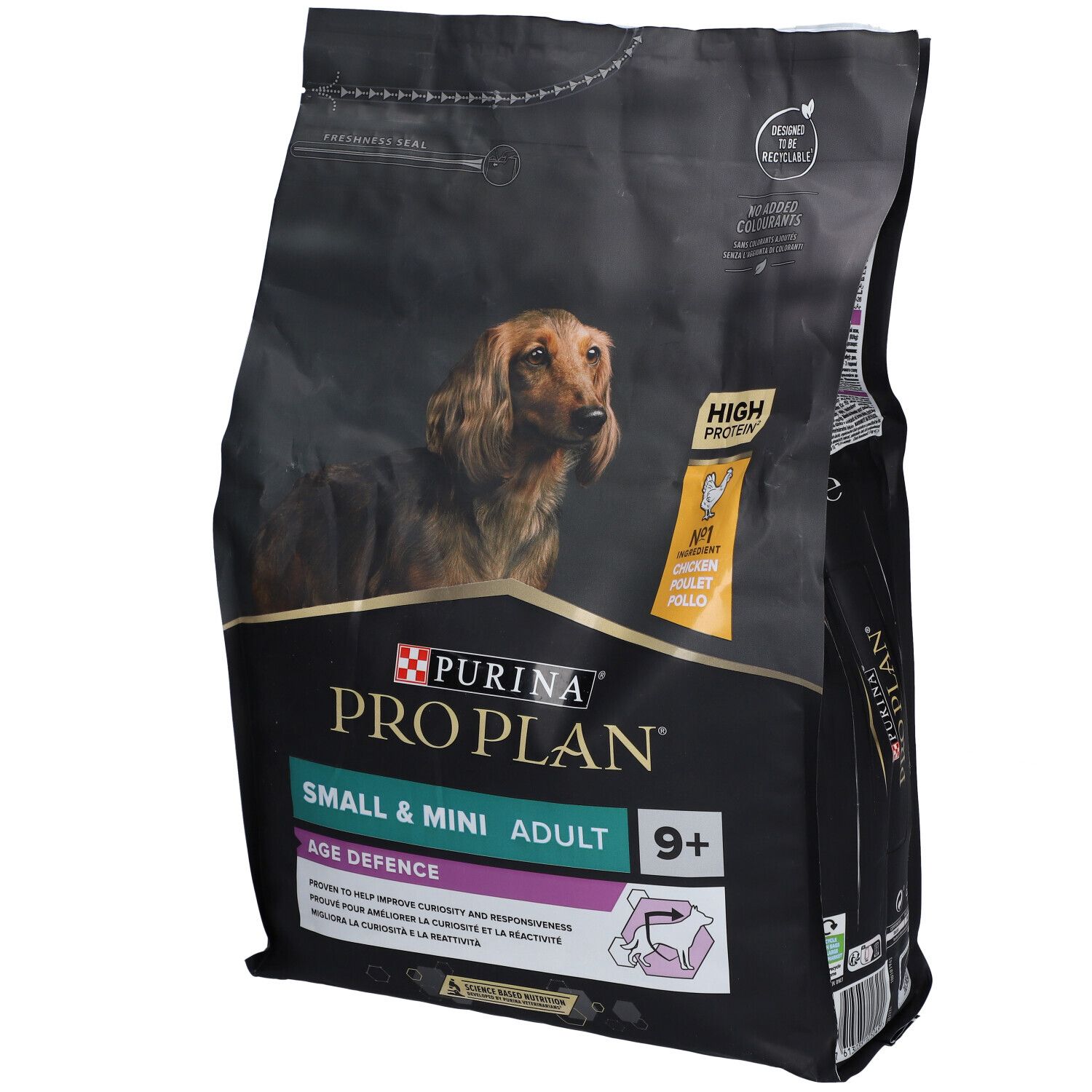 PURINA® PRO PLAN® hondenvoerzak. Opschrift: Small & Mini Adult 9+ Age Defence. Afbeelding van een teckel.