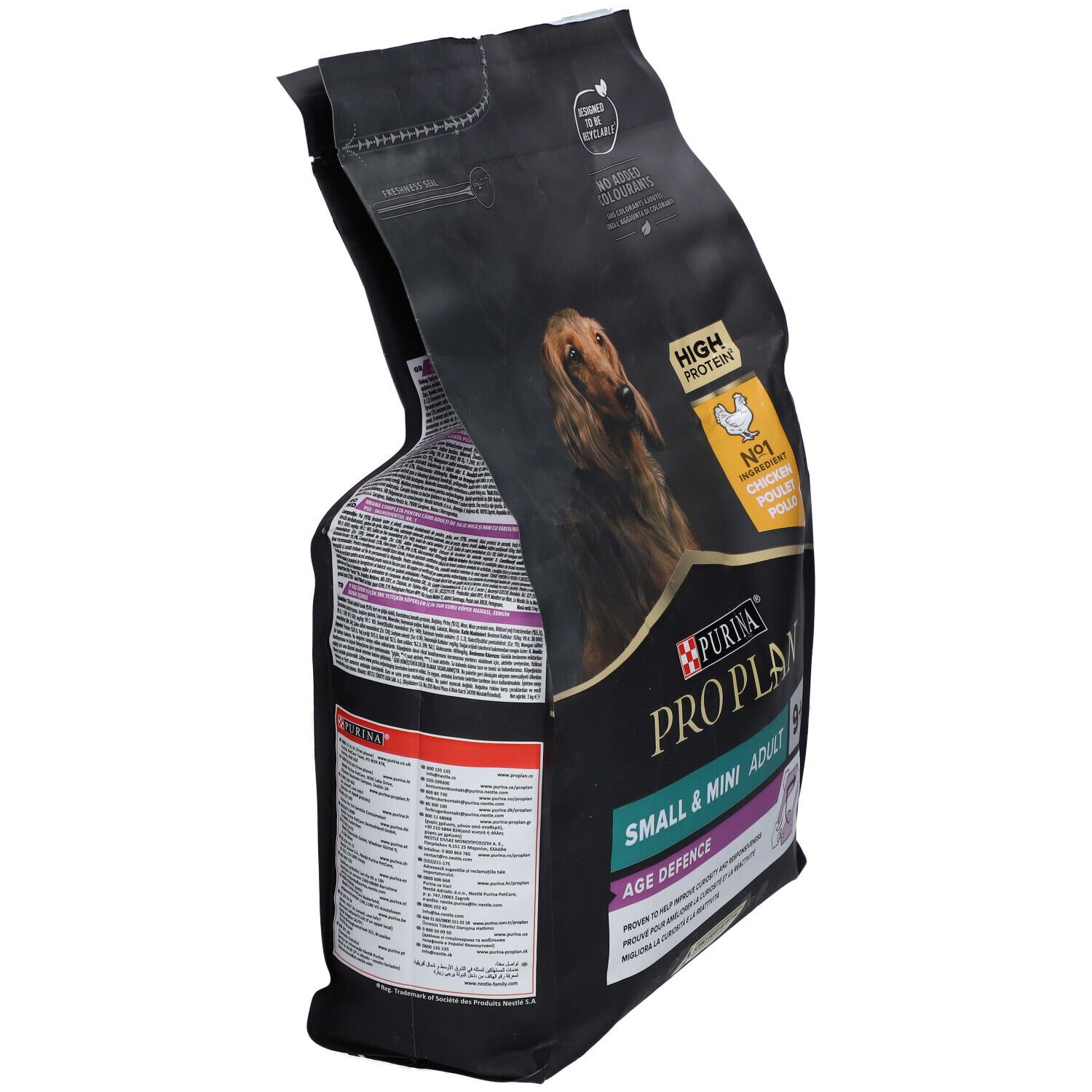 PURINA® PRO PLAN® hondenvoerzak. Opschrift: Small & Mini Adult 9+ Age Defence. Afbeelding van een hond.