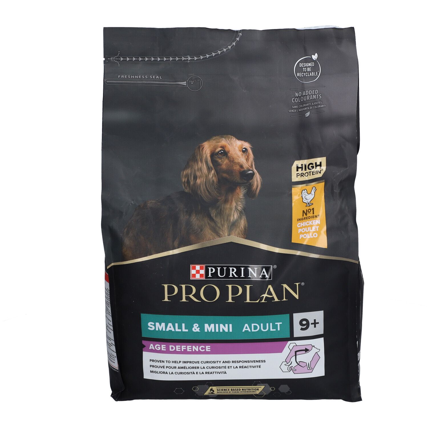 PURINA® PRO PLAN® hondenvoerzak. Opschrift: Small & Mini Adult 9+ Age Defence. Afbeelding van een teckel.
