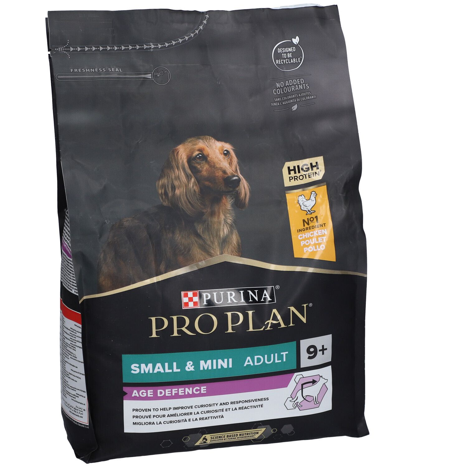 PURINA® PRO PLAN® hondenvoerzak. Opschrift: Small & Mini Adult 9+ Age Defence. Afbeelding van een teckel.
