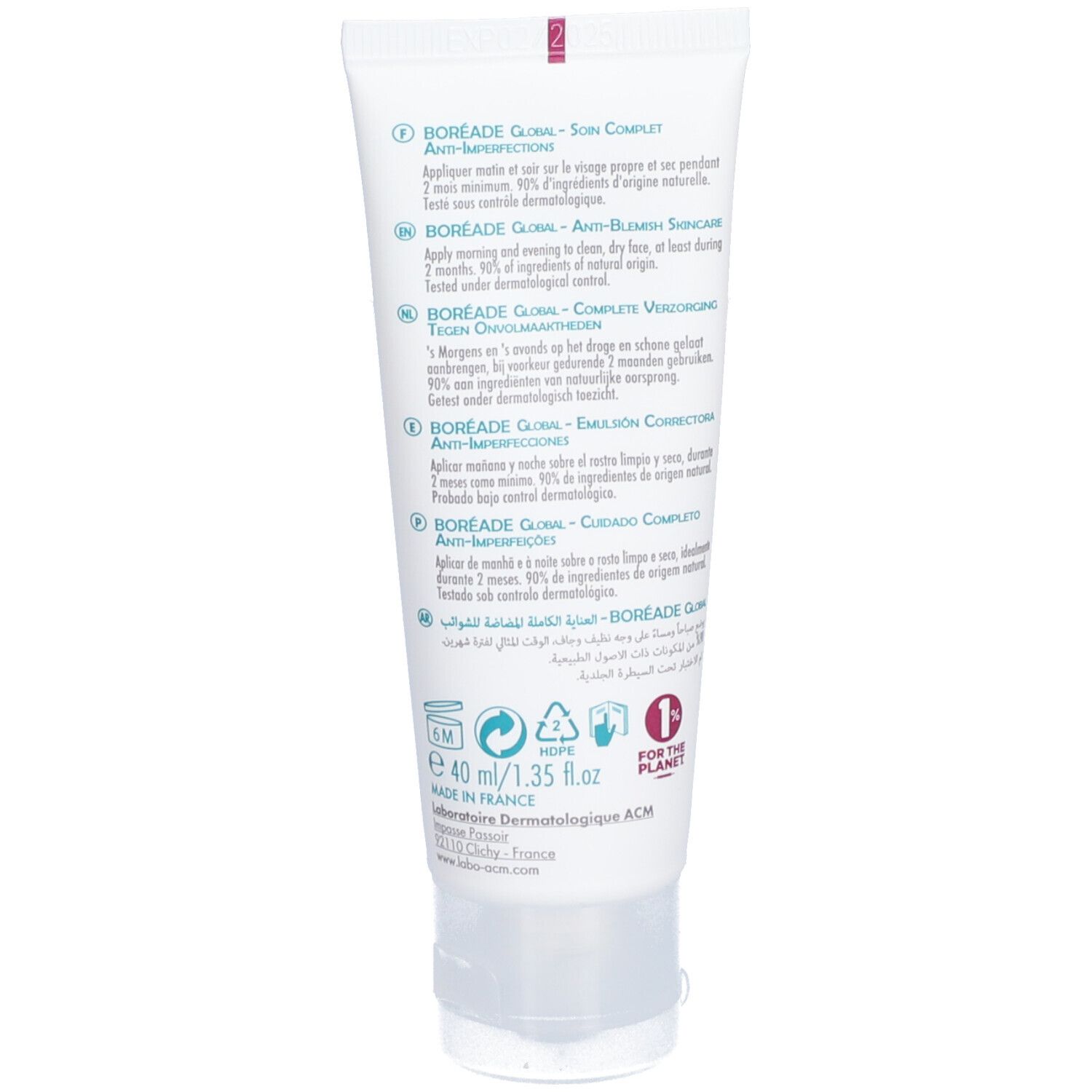 Dos d'un tube blanc. Contient du texte en plusieurs langues, dont des informations sur BORÉADE Global Anti-Imperfections et ses ingrédients.