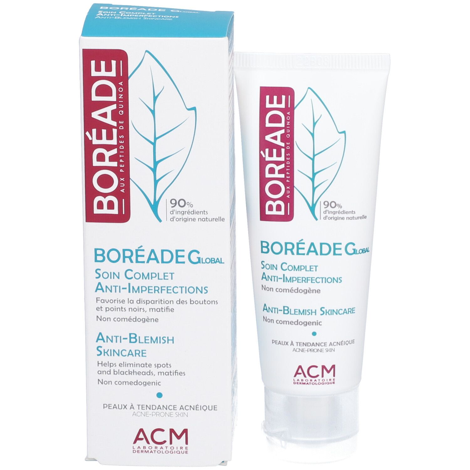 Emballage du produit avec tube et boîte. Les deux affichent BORÉADE Global Anti-Imperfections. Boîte rouge et bleu, tube blanc.