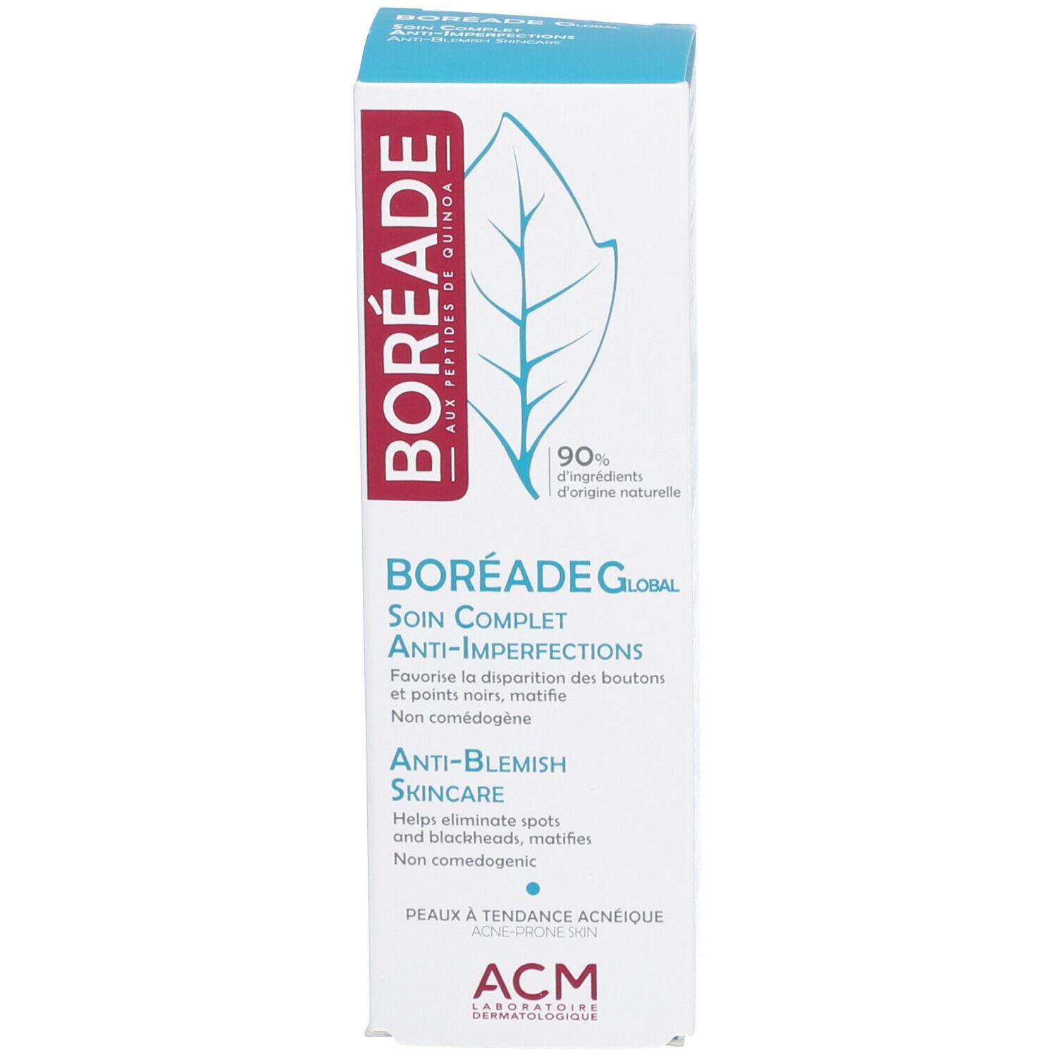 Emballage carton pour BORÉADE Global Anti-Imperfections. Design rouge et bleu avec nom et logo du produit. Contient du texte et des informations.