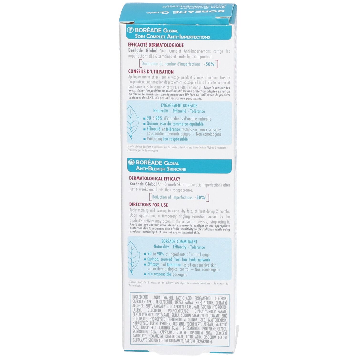 Vue latérale de l'emballage carton. Contient du texte en plusieurs langues, y compris des informations sur l'efficacité dermatologique de BORÉADE Global.
