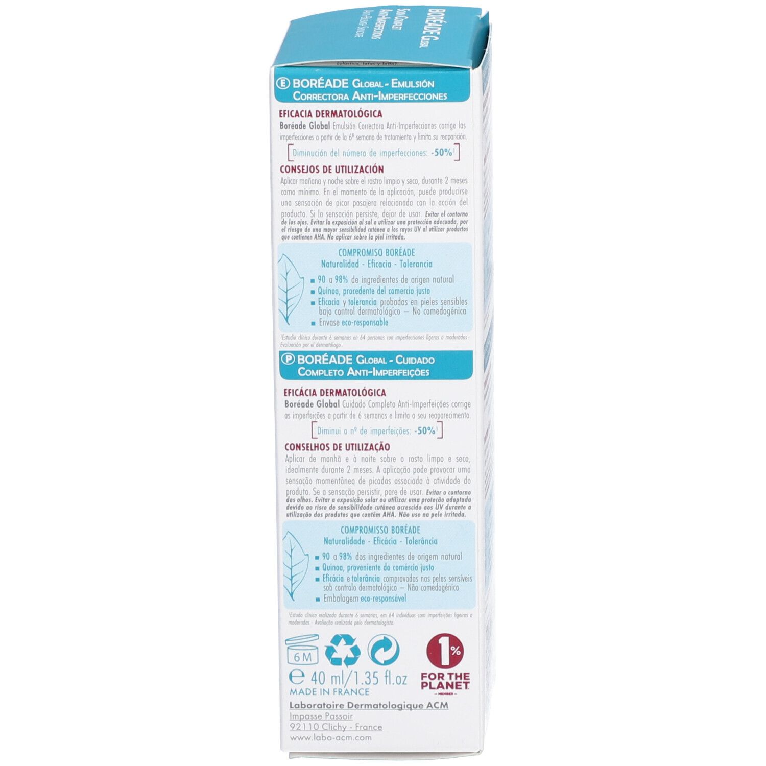 Vue latérale de l'emballage carton. Contient du texte en plusieurs langues, y compris des informations sur BORÉADE Global et ses ingrédients.