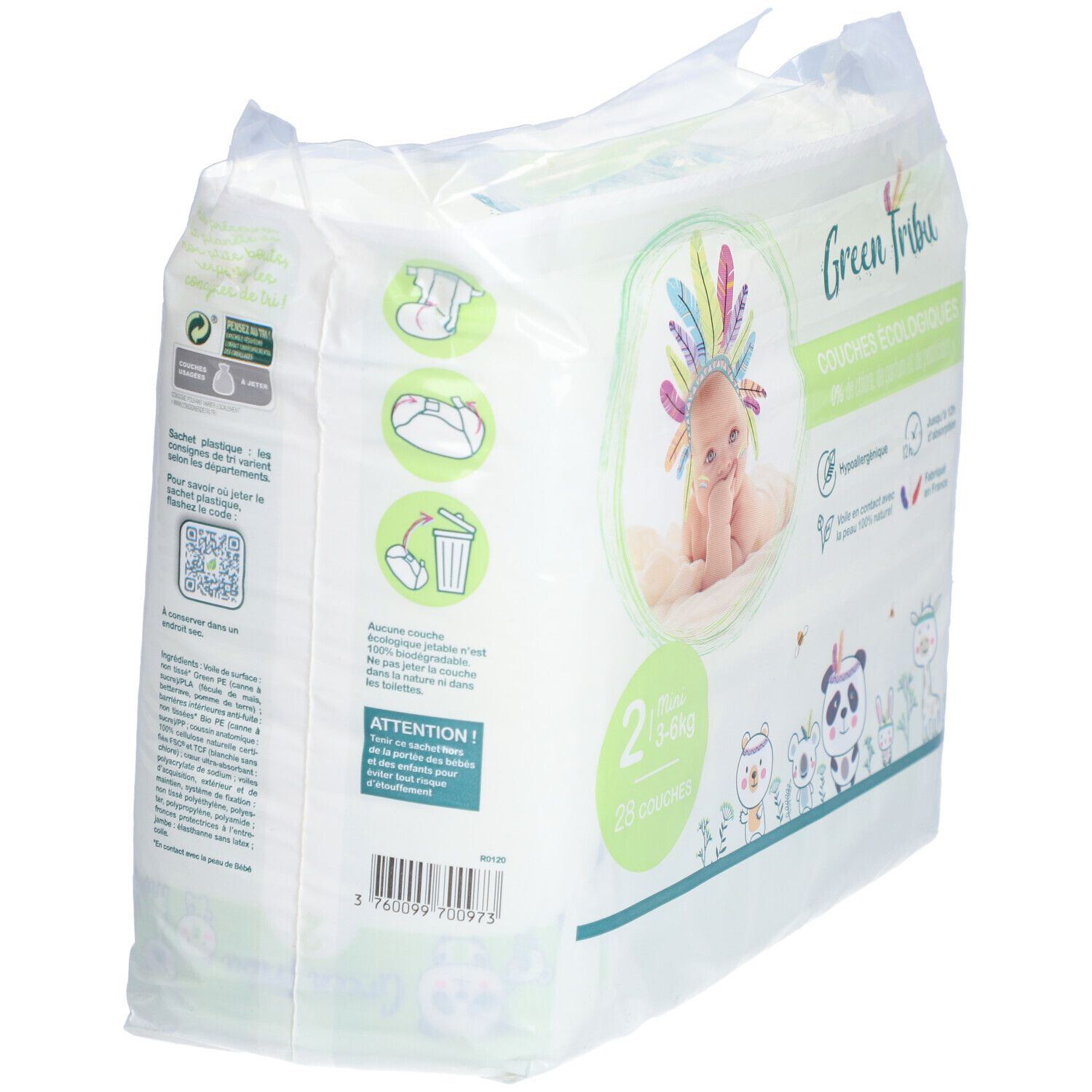 Verpackung mit Windeln. Marke Green Tribu. Rückseite mit Informationen und Illustrationen. Mini 3-6 kg, 25 Stück.