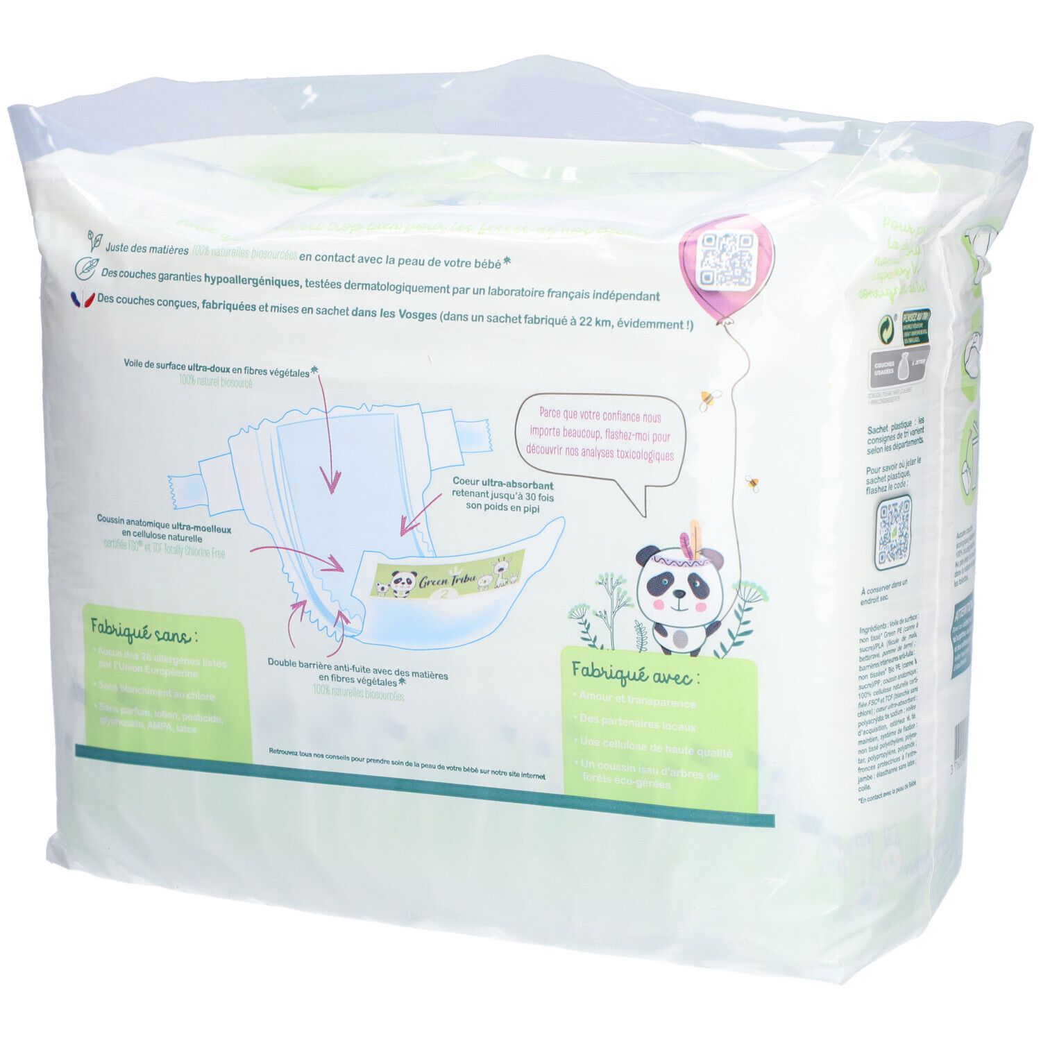 Rückseite der Windelverpackung. Illustrationen und Informationen. Marke Green Tribu. Mini 3-6 kg.