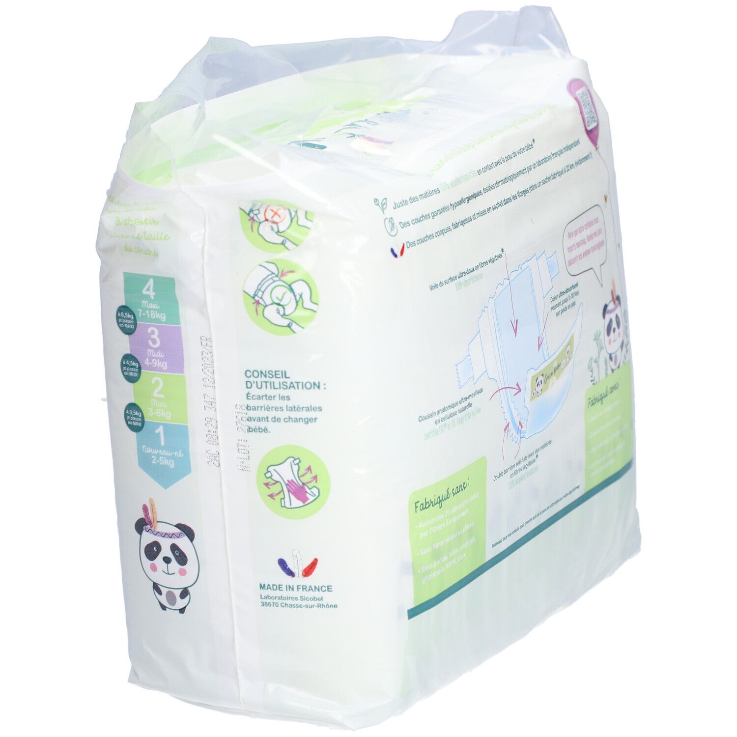 Windelverpackung, Seitenansicht. Informationen und Illustrationen. Marke Green Tribu. Mini 3-6 kg.