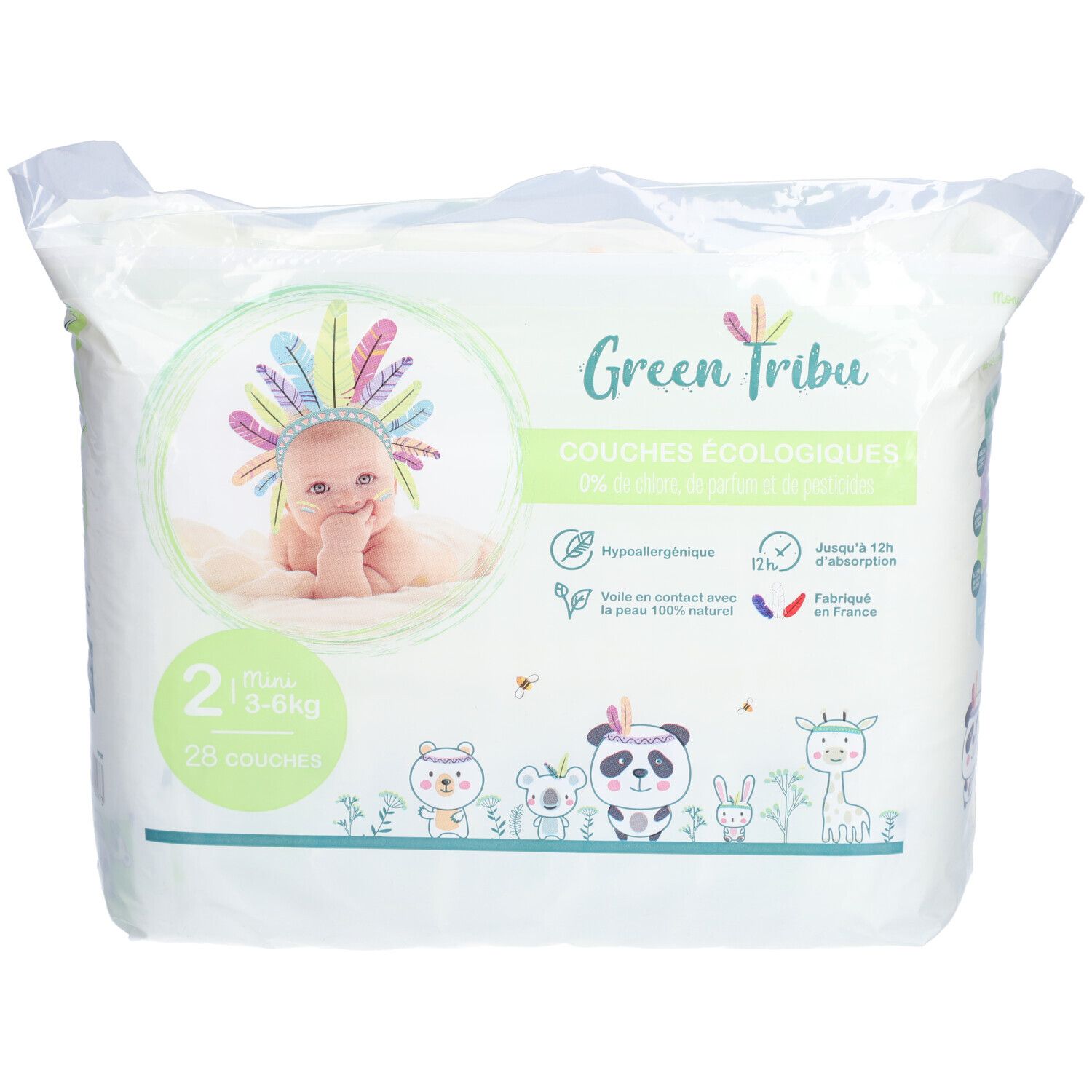 Verpackung mit Windeln. Marke Green Tribu. Mini 3-6 kg, 25 Stück. Abbildung eines Babys mit Federschmuck.