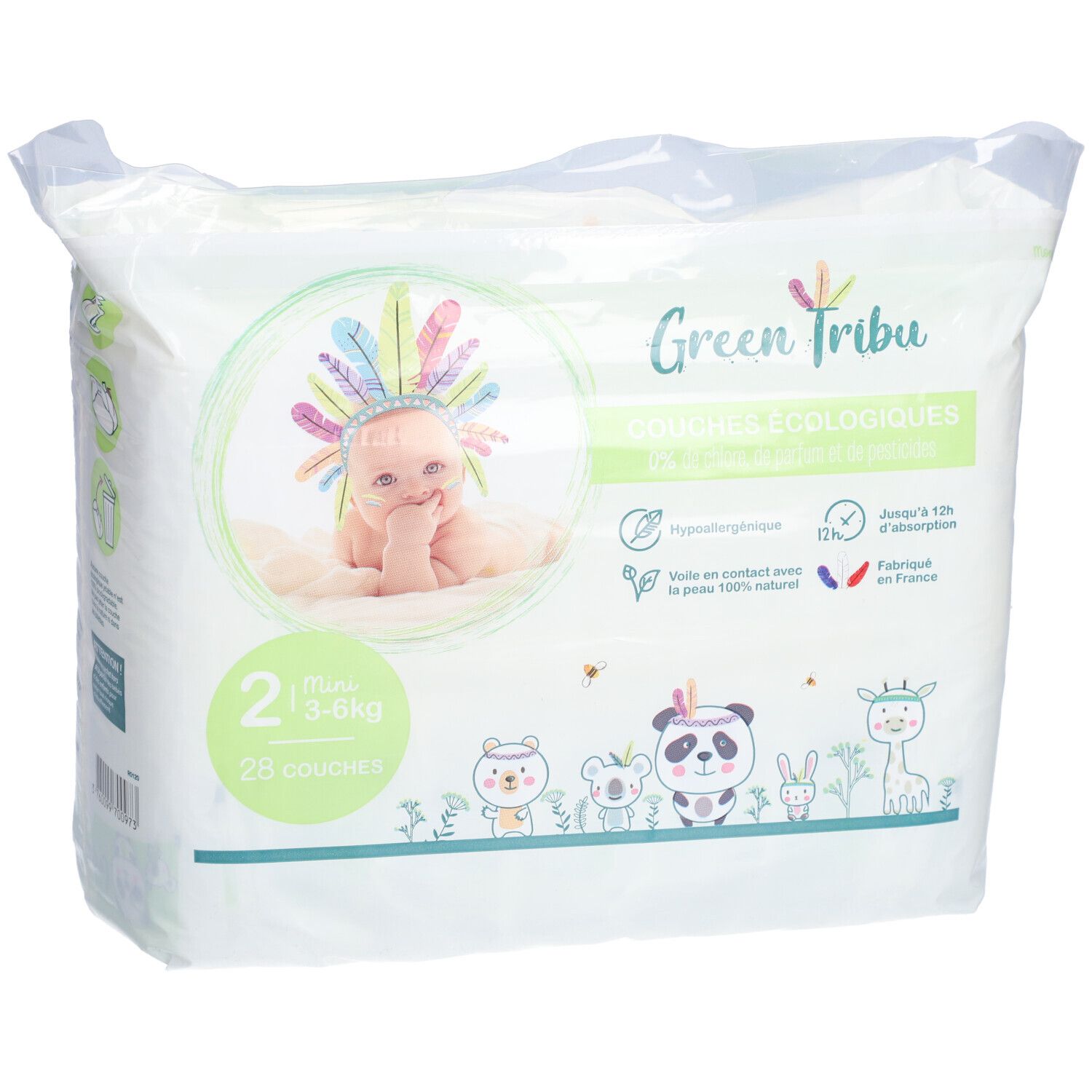 Verpackung mit Windeln. Marke Green Tribu. Mini 3-6 kg, 25 Stück. Abbildung eines Babys mit Federschmuck.