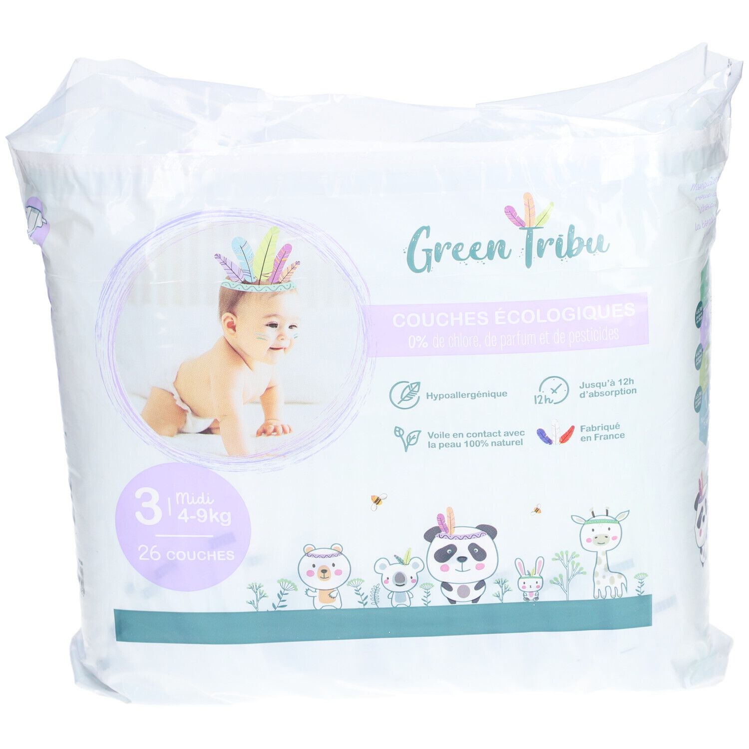Paquet de couches Green Tribu, taille 3, 4-9kg, 26 couches. Illustration d'un bébé et informations produit.