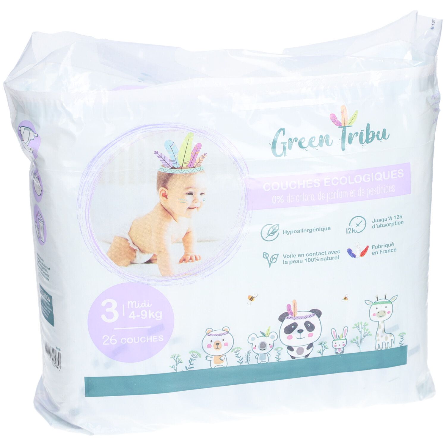 Paquet de couches Green Tribu, taille 3, 4-9kg, 26 couches. Illustration d'un bébé et informations produit.