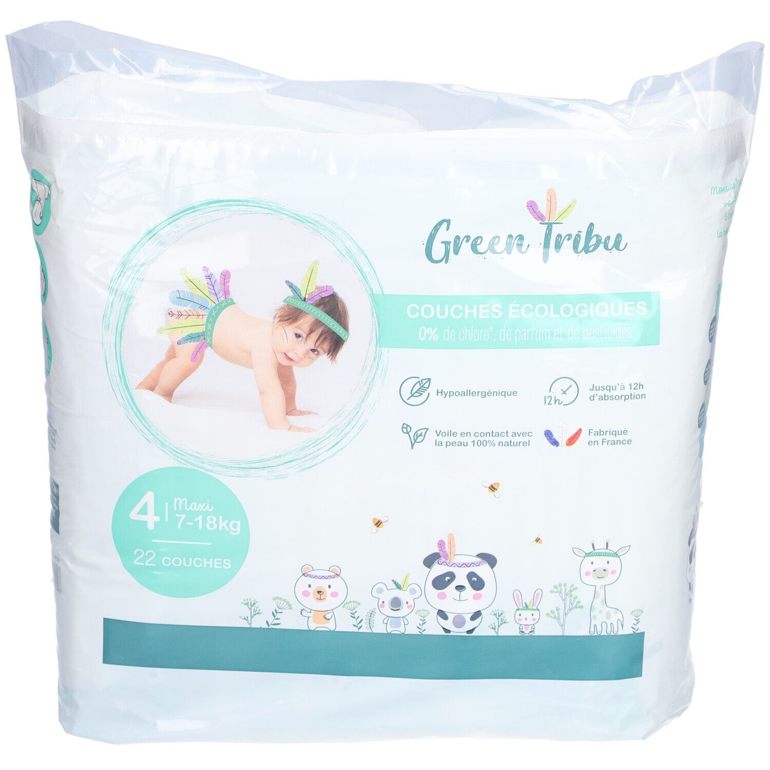Paquet de couches écologiques Green Tribu, taille 4, 22 couches. Illustration d'un bébé et d'animaux.