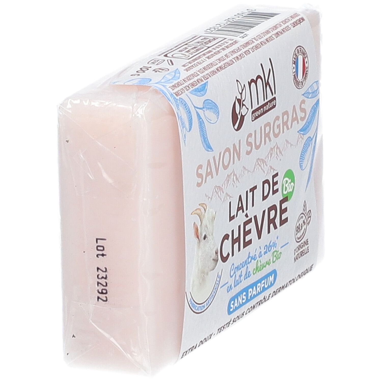 Verpackte Seife, schräg von oben. Aufdruck: mkl, Ziegenmilch, Bio, ohne Parfum. Französische Beschriftung.
