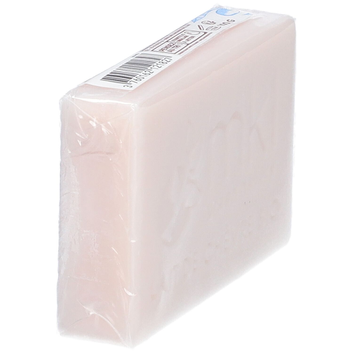 Verpackte Seife, schräg von der Seite. Aufdruck nicht erkennbar.