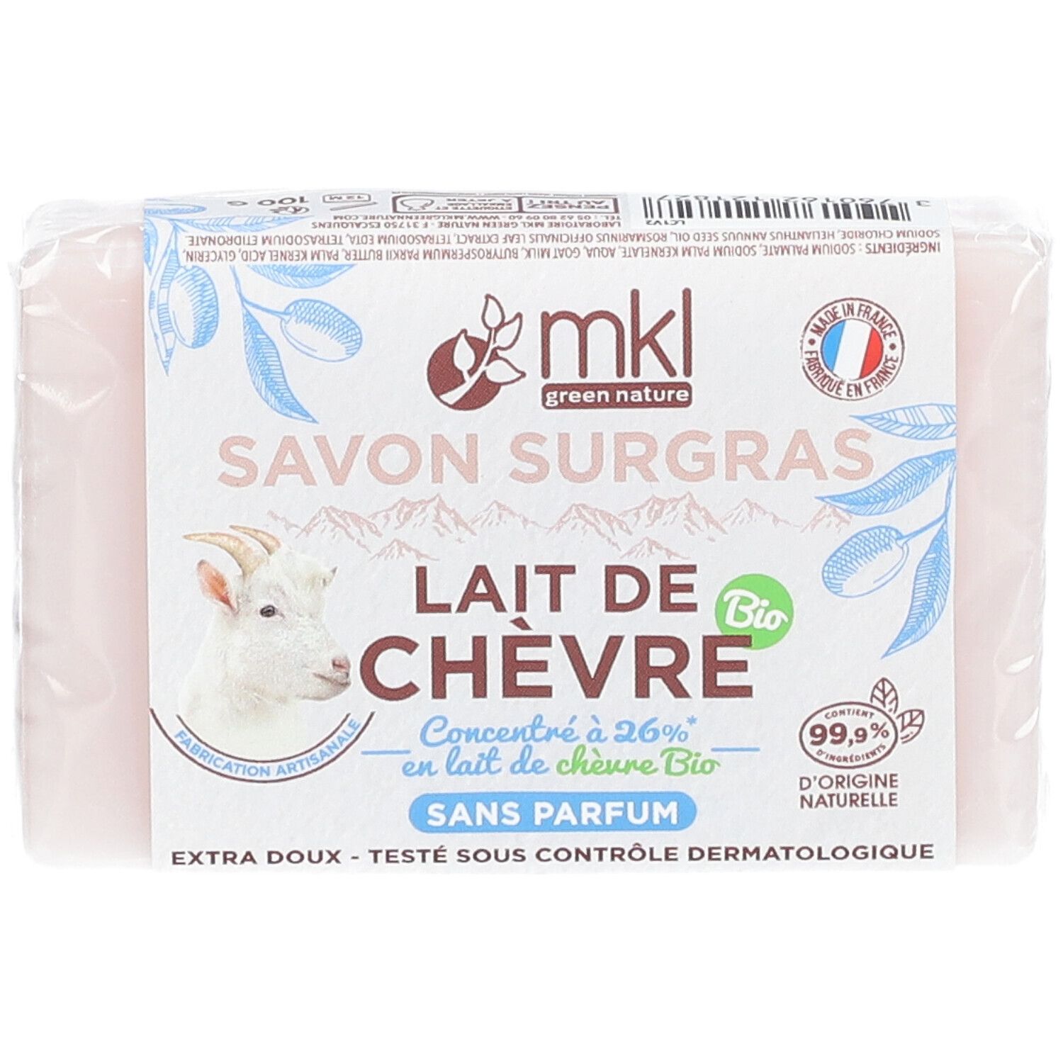Verpackte Seife. Aufdruck: mkl, Ziegenmilch, Bio, ohne Parfum. Französische Beschriftung.