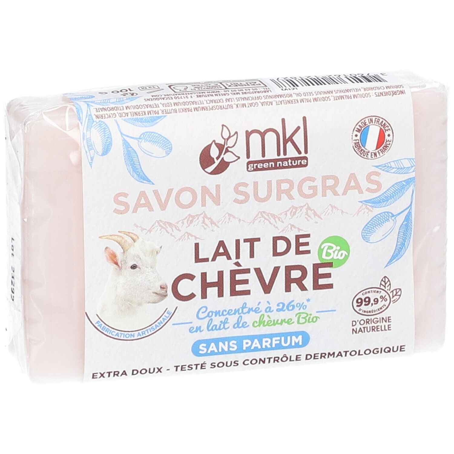 Verpackte Seife. Aufdruck: mkl, Ziegenmilch, Bio, ohne Parfum. Französische Beschriftung.