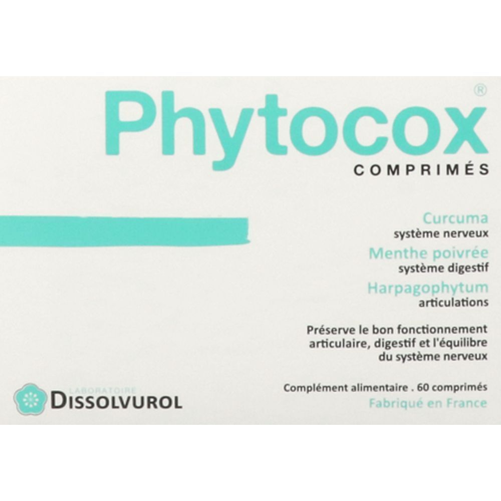 Boîte de comprimés 'Phytocox'. Contient curcuma, menthe poivrée, griffe du diable. Marque: Dissolvurol. 60 comprimés.