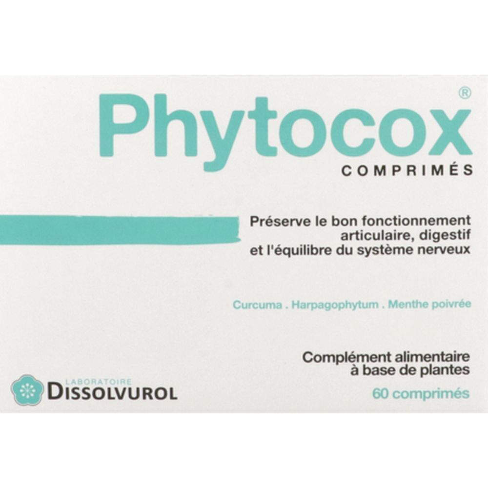 Boîte de comprimés 'Phytocox'. Contient curcuma, menthe poivrée, griffe du diable. Marque: Dissolvurol. 60 comprimés.