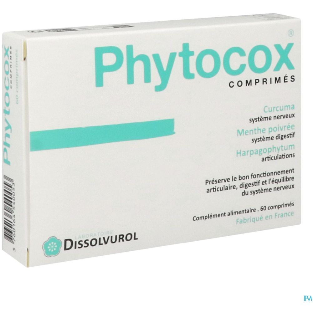 Boîte de comprimés 'Phytocox'. Contient curcuma, menthe poivrée, griffe du diable. Marque: Dissolvurol. 60 comprimés.