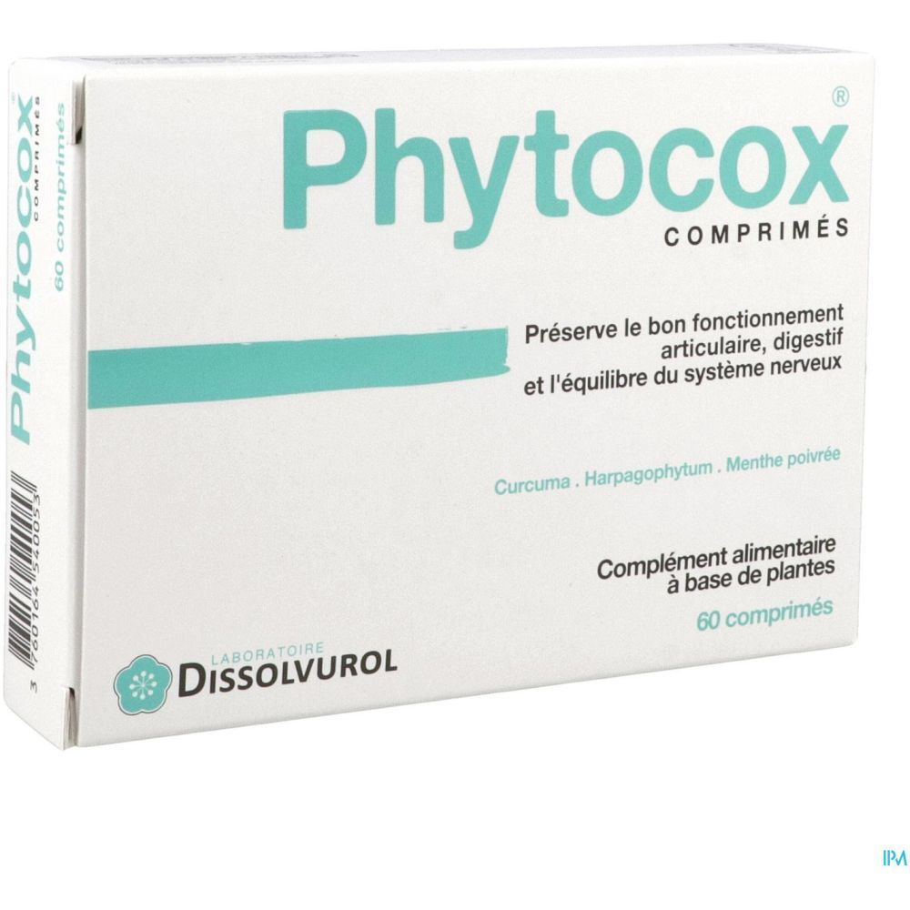 Boîte de comprimés 'Phytocox'. Contient curcuma, menthe poivrée, griffe du diable. Marque: Dissolvurol. 60 comprimés.