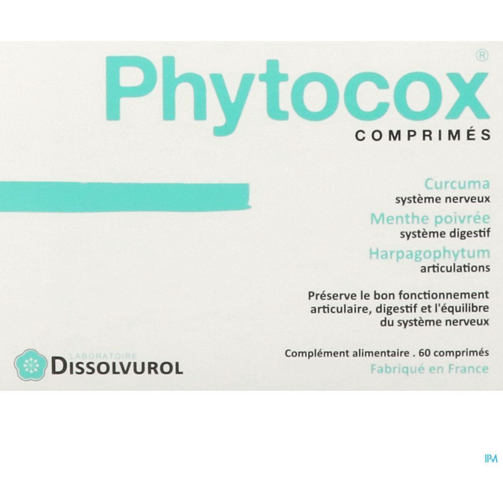 Boîte de comprimés 'Phytocox'. Contient curcuma, menthe poivrée, griffe du diable. Marque: Dissolvurol. 60 comprimés.