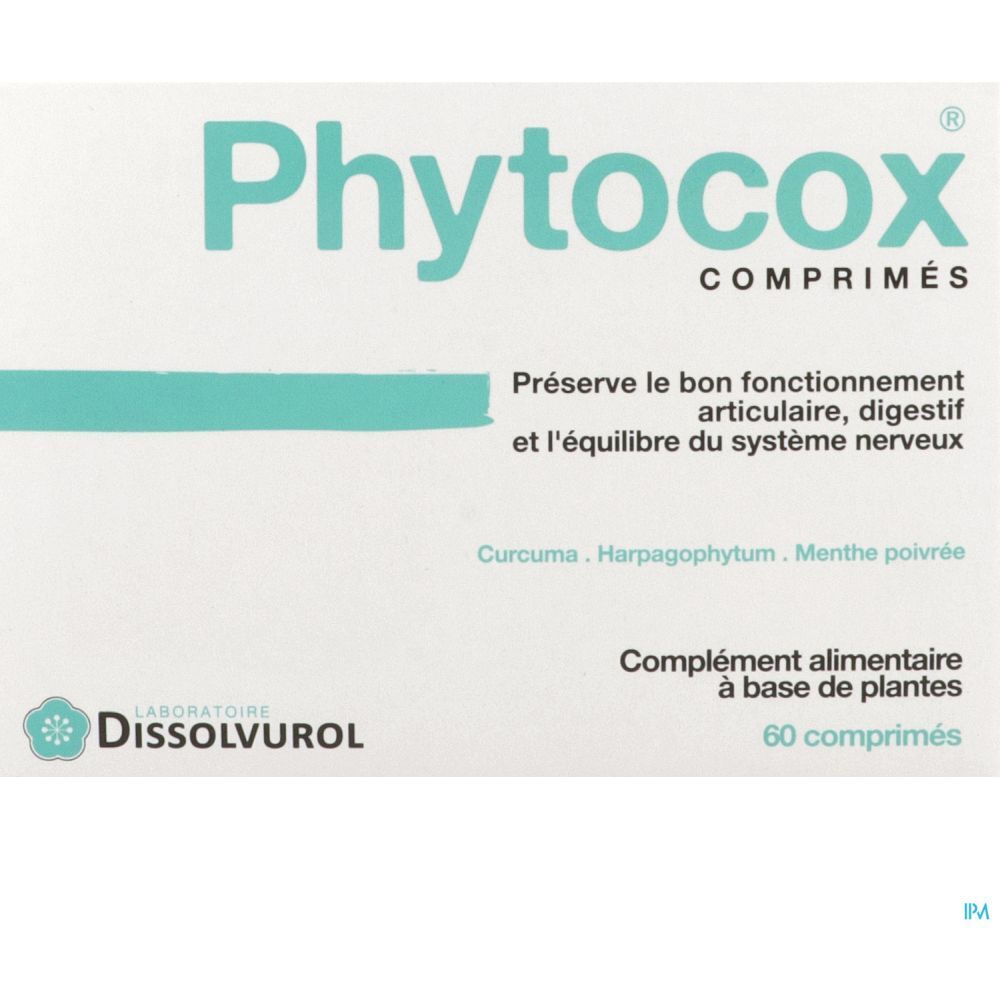 Boîte de comprimés 'Phytocox'. Contient curcuma, menthe poivrée, griffe du diable. Marque: Dissolvurol. 60 comprimés.