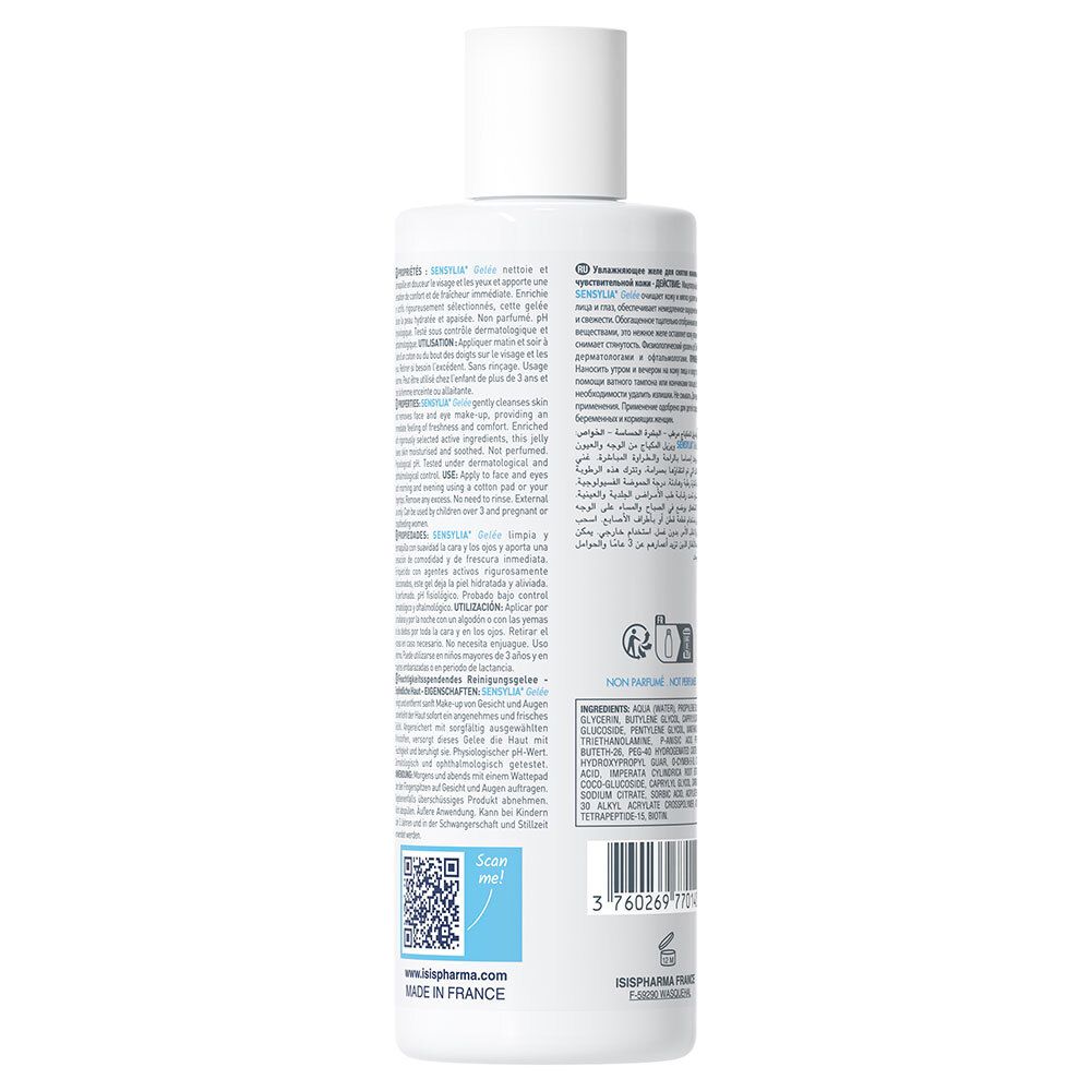 Rückseite der weißen Flasche ISISPHARMA Sensylia Gelée. Text und Barcode auf dem Etikett.