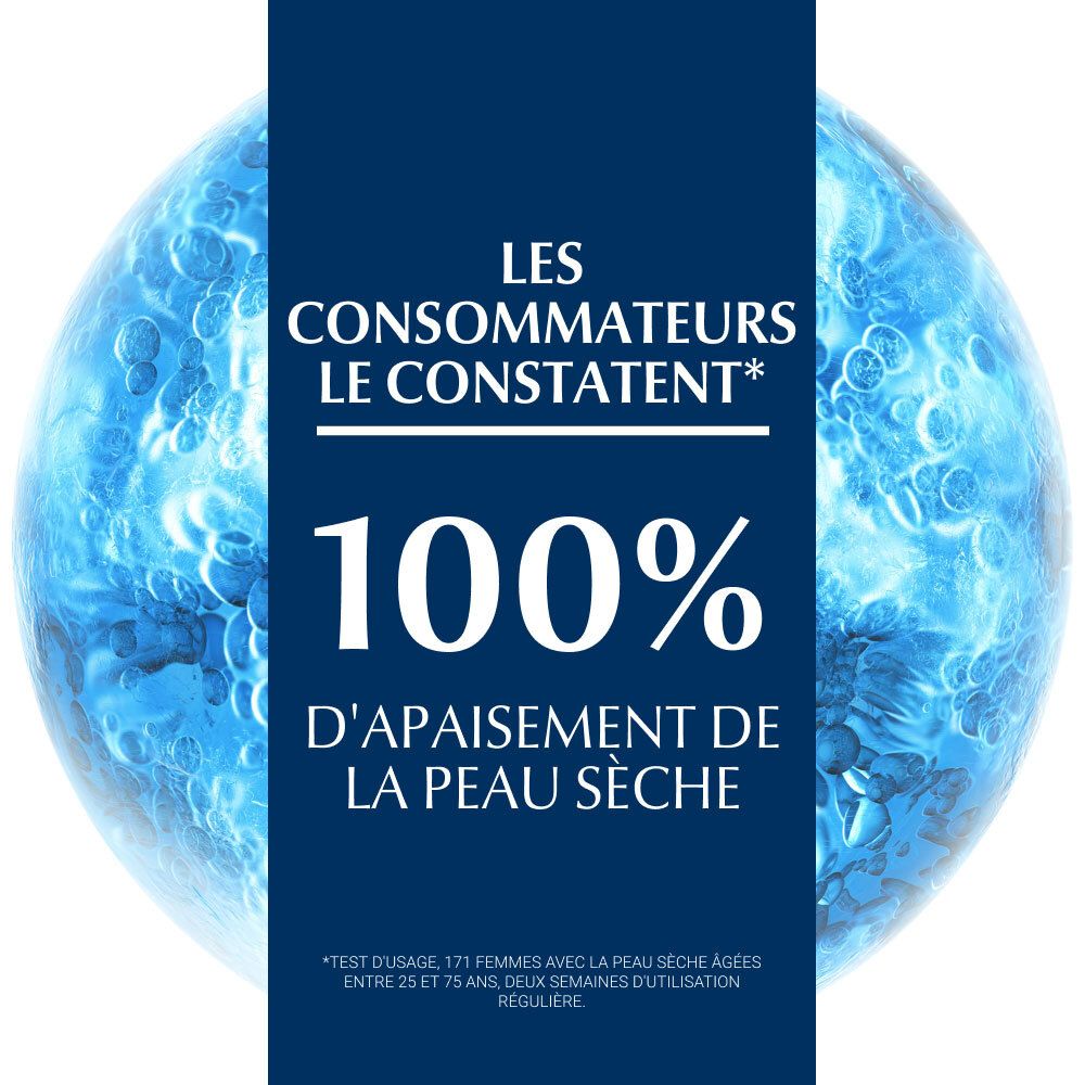Texte : 100% des consommateurs constatent le soulagement de la peau sèche. Fond bleu avec effet eau.