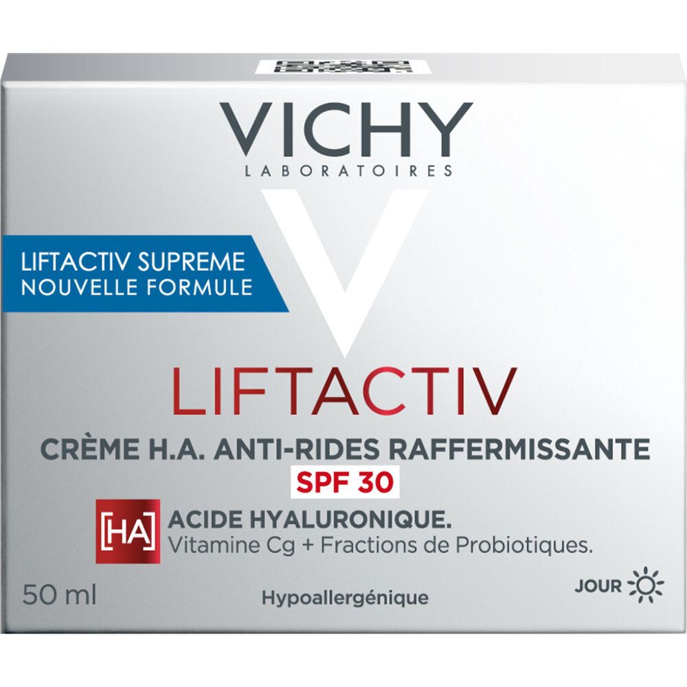 Boîte pliante blanche. Texte: VICHY, LiftActiv Supreme, Crème H.A. Anti-Rides SPF 30.