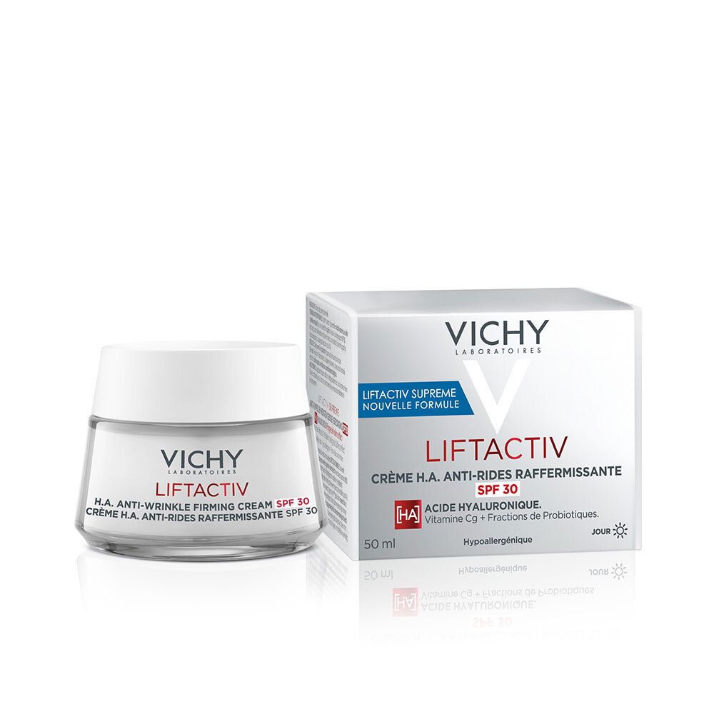 Pot de crème et boîte pliante. Texte: VICHY, LiftActiv Supreme, Crème H.A. Anti-Rides SPF 30.