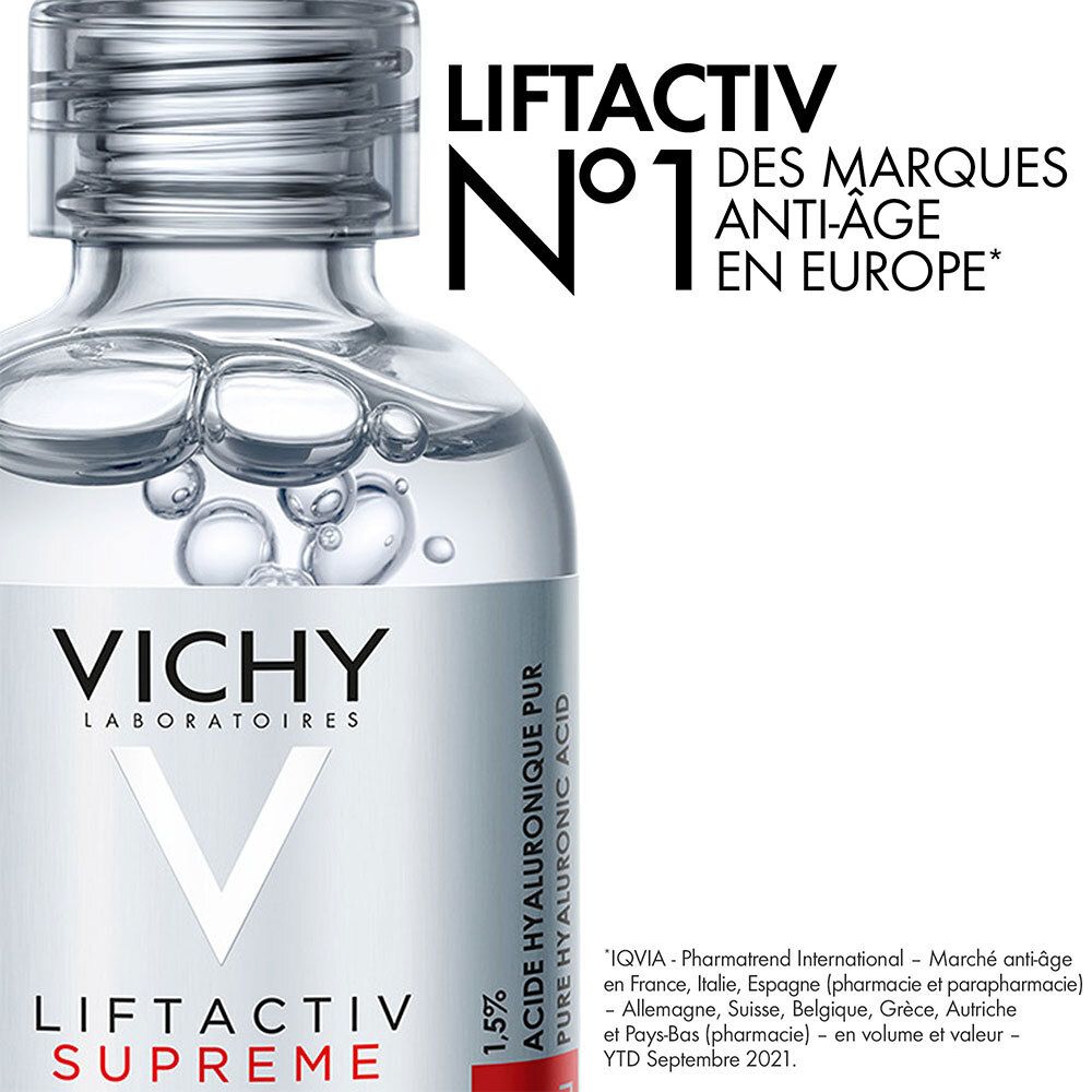 Gros plan sur le flacon de sérum. Texte : LiftActiv Supreme, 1,5% acide hyaluronique pur.