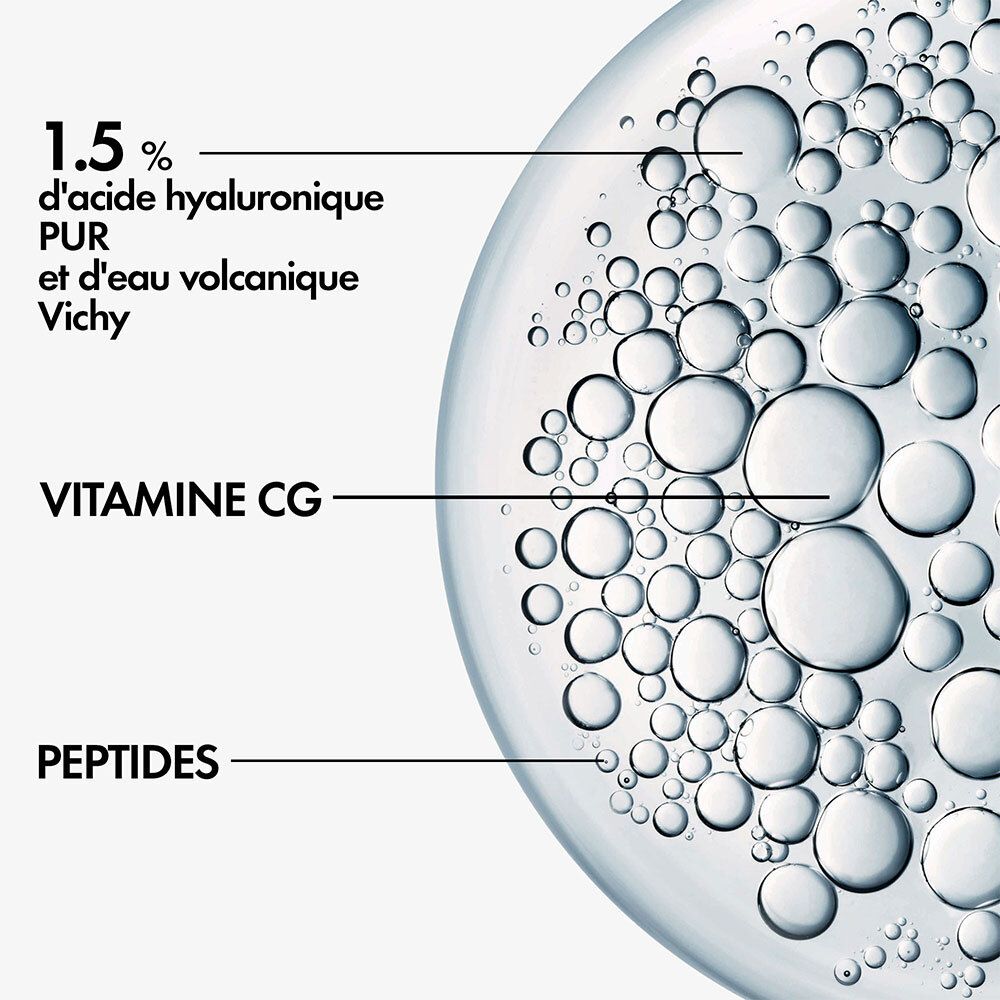 Gros plan sur des gouttes d'eau. Texte : 1,5% acide hyaluronique pur, eau thermale Vichy.