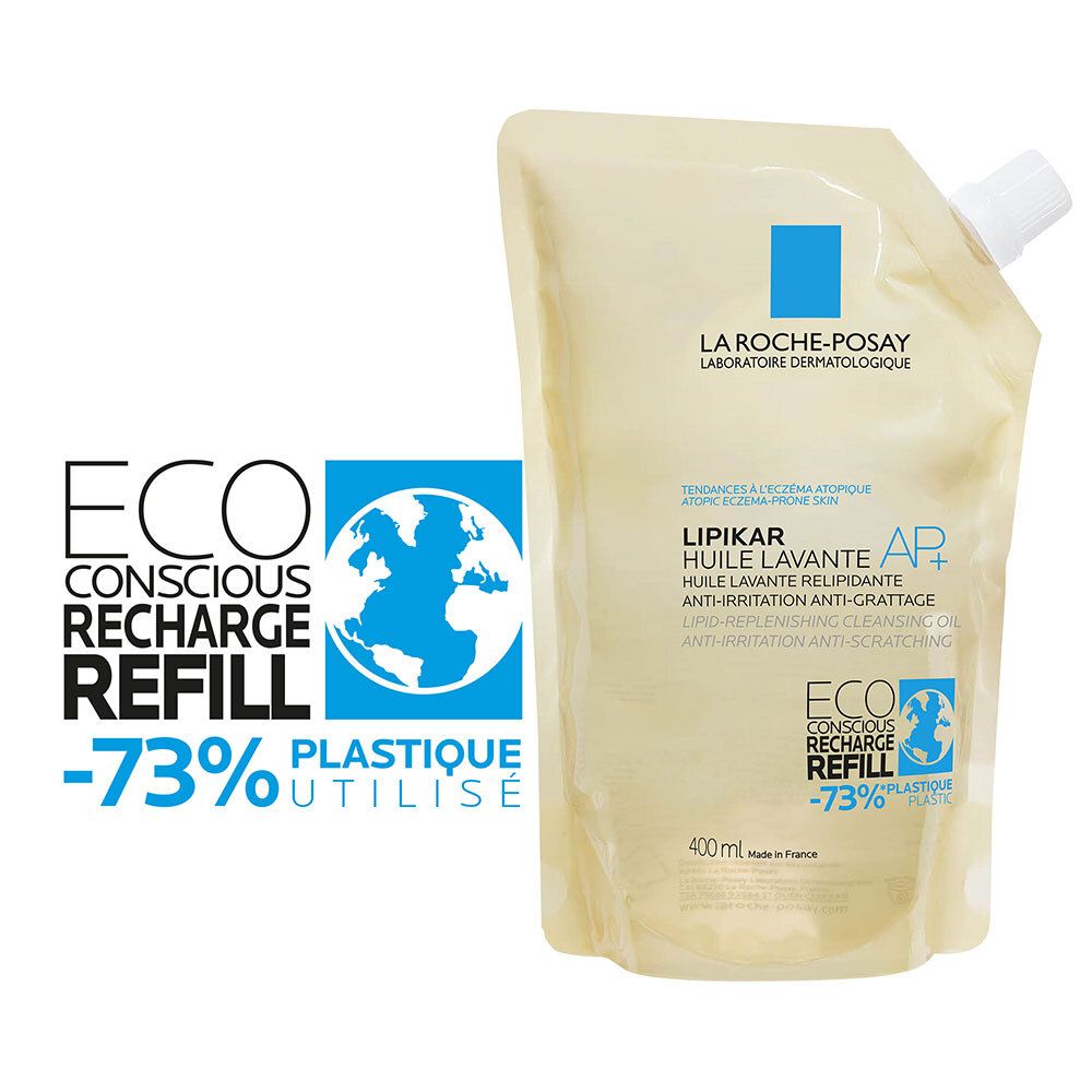 Recharge. La Roche-Posay Lipikar Huile Lavante AP+. Recharge éco-responsable -73% plastique utilisé.