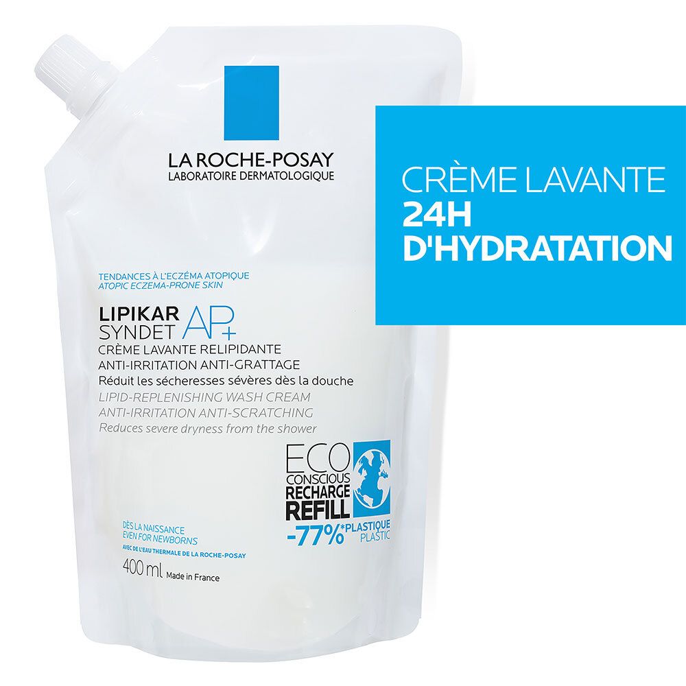 Recharge de crème lavante La Roche-Posay. Emballage blanc et bleu. Hydratation 24h.